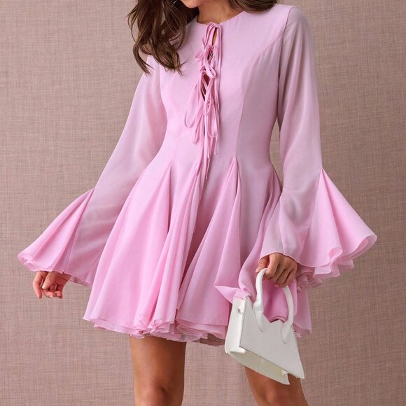 Pink Elegant Women's Romantic Flare Sleeve Mini Dress - Picture 7 of 7